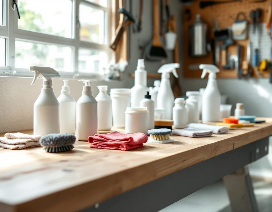 Organized garage workbench with unlabeled cleaning supplies and tools arranged for application process