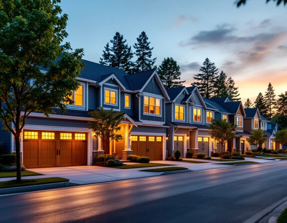 Suburban neighborhood street showing diverse garage styles and organization approaches across multiple homes