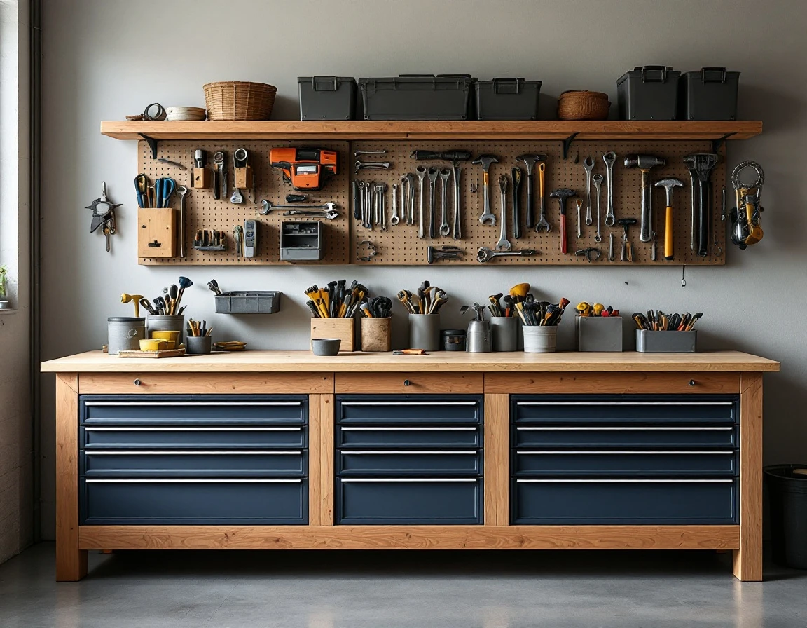 Organized garage workbench with plain storage drawers and tools in unmarked containers