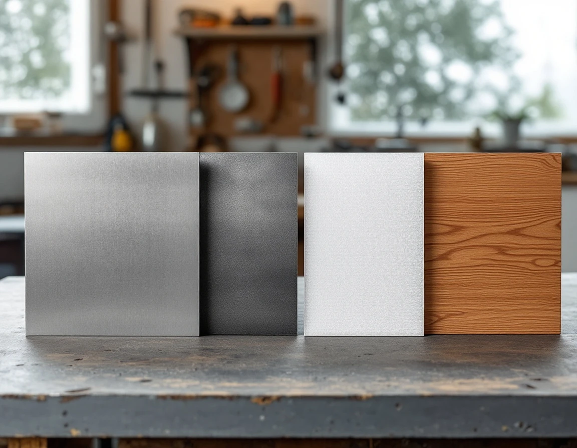 Material samples of aluminum, steel, fiberglass, and wood displayed on workshop bench in natural light