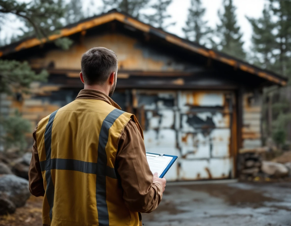 Property inspector assessing fire-damaged garage door on Central Oregon home during post-wildfire evaluation