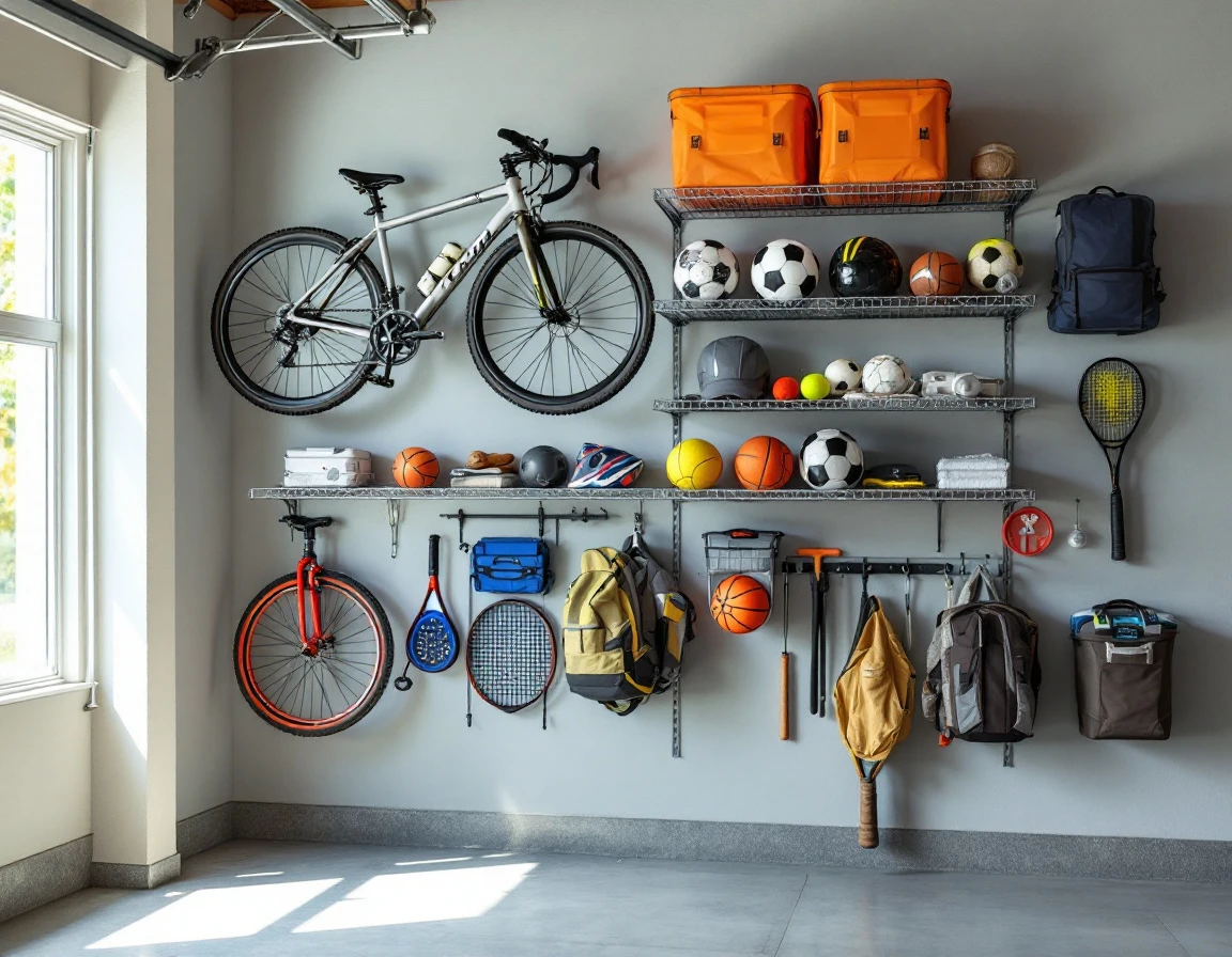 Wire shelving system with organized bikes and sports equipment mounted on garage wall with proper lighting