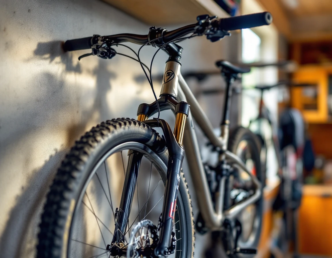 Wall-mounted bike rack with padded hooks holding mountain bike in organized Portland garage