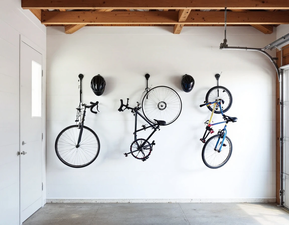 Wall-mounted bikes hanging vertically on hooks in organized Portland garage with overhead storage space