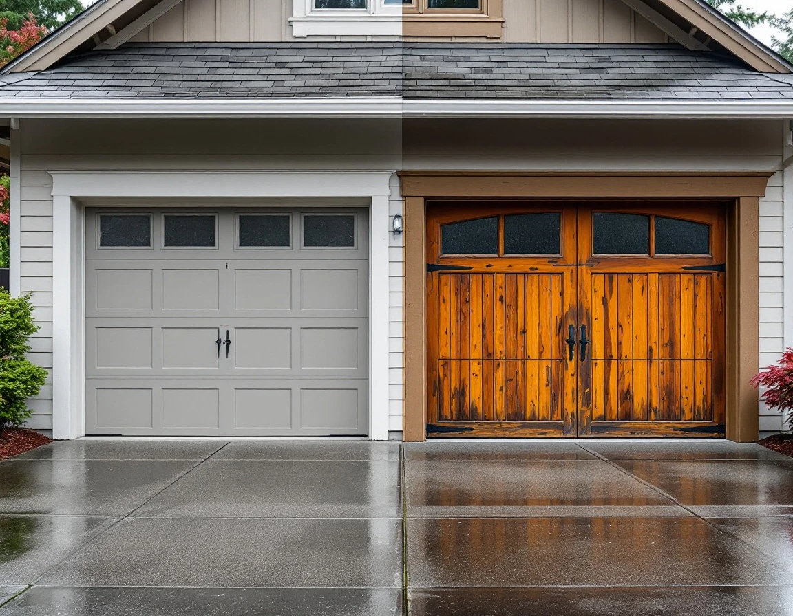 Two-section garage door comparison showing new intact panels beside older damaged panels on Portland home