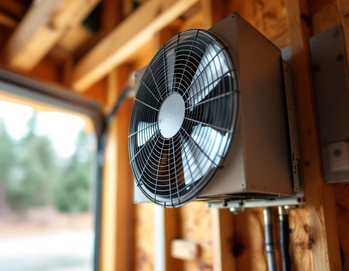 Wall-mounted exhaust fan with metallic blades and wire guard in Pacific Northwest garage with wood framing