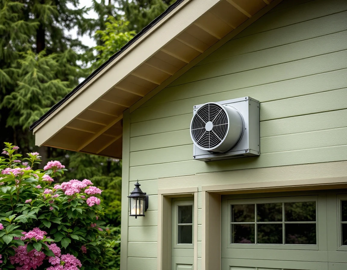 Wall-mounted mechanical exhaust fan installed on craftsman-style garage exterior in Portland neighborhood