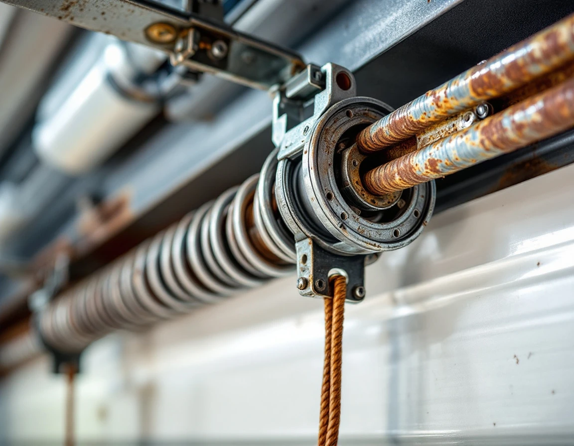 Close-up view of garage door torsion spring and steel cable assembly showing mechanical components and hardware