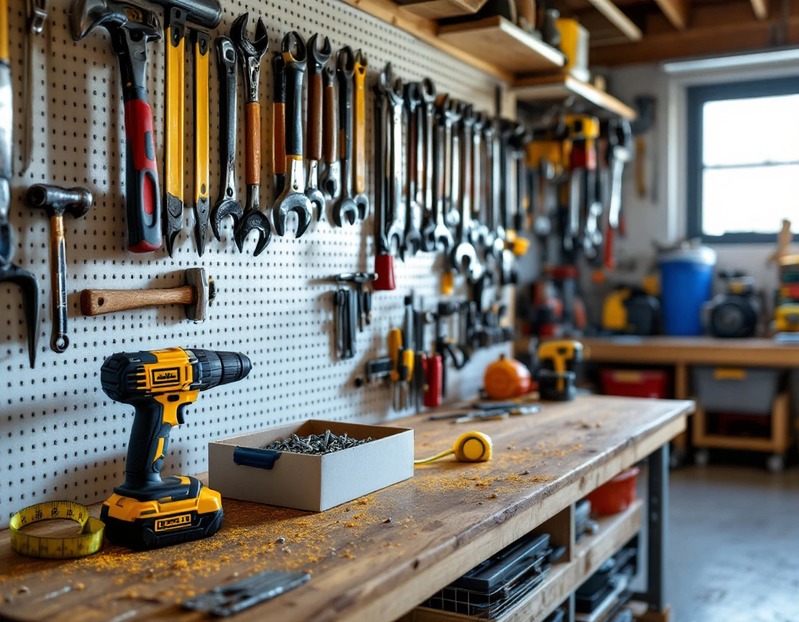 Organized garage workbench with hand tools, power drill, and hardware arranged on pegboard wall