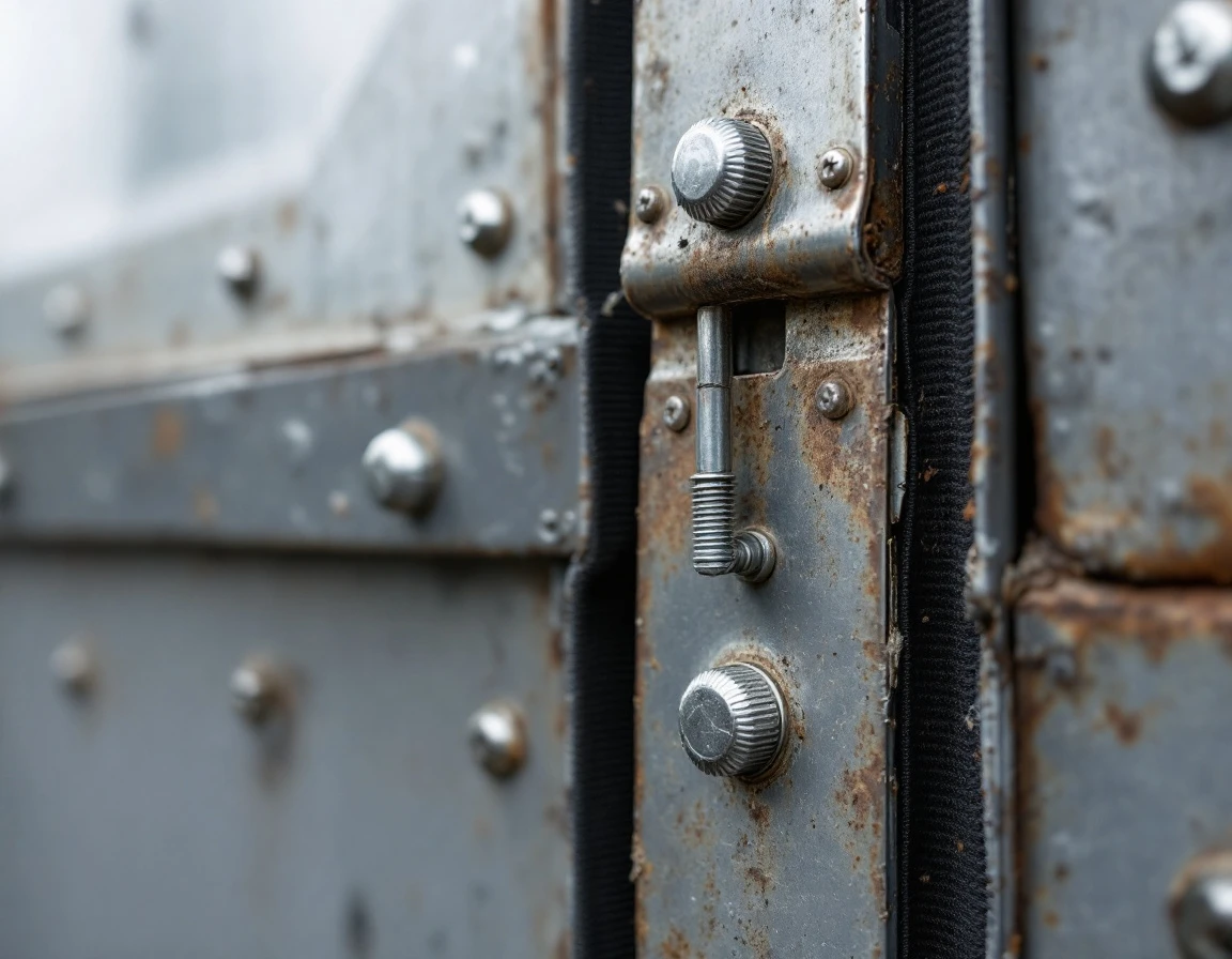 Commercial door hinge and weather stripping hardware detail showing mounting and seal components