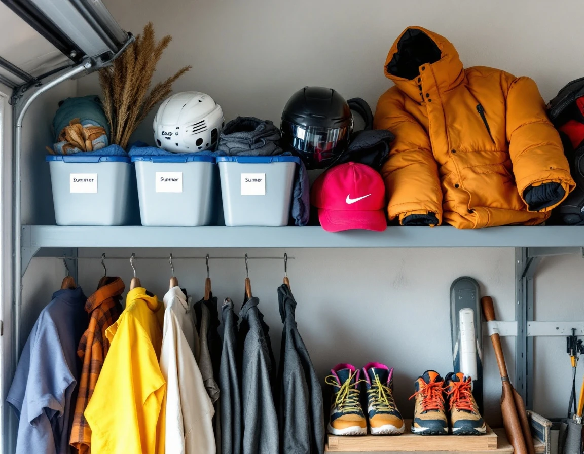 Organized garage shelving with seasonal sports equipment separated by winter and summer gear bins