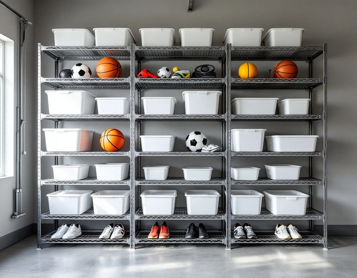Metal shelving with white bins organizing sports equipment and athletic gear in Portland garage