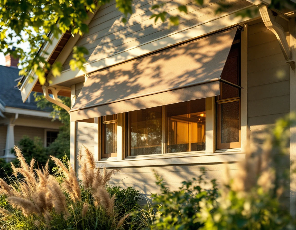 Craftsman home with exterior awnings shading west-facing windows on a sunny Portland afternoon