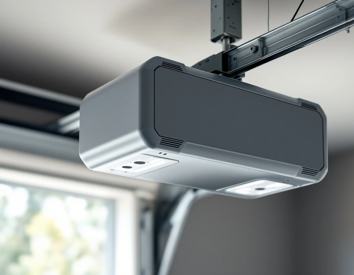 Smart garage door opener mounted on ceiling track with metallic housing and mounting hardware