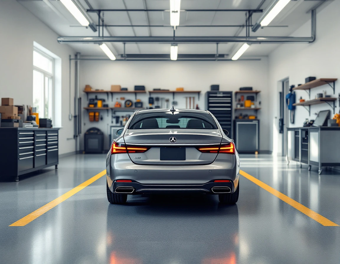 Luxury sedan parked in organized garage with clear floor markings and optimal vehicle positioning