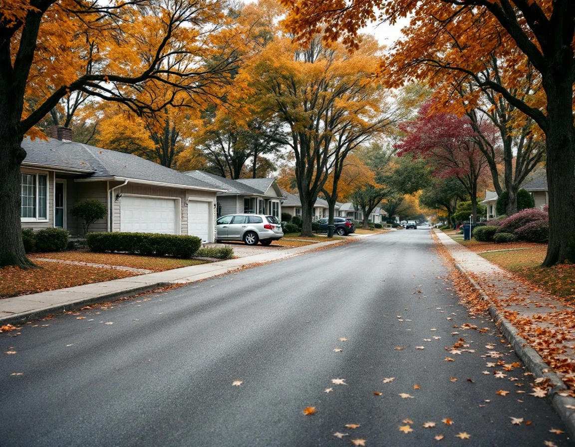 Suburban residential street with varied garage types and autumn foliage under overcast sky