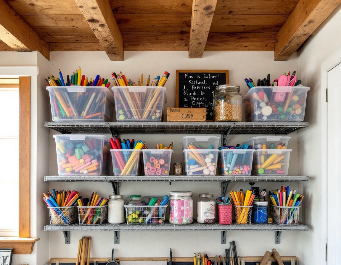 Open shelving with school supplies organized in clear bins and containers in a Portland garage workspace