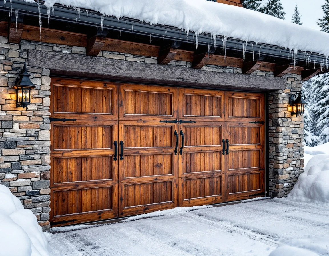 Wooden garage door on mountain home surrounded by snow drifts and winter landscape in Central Oregon
