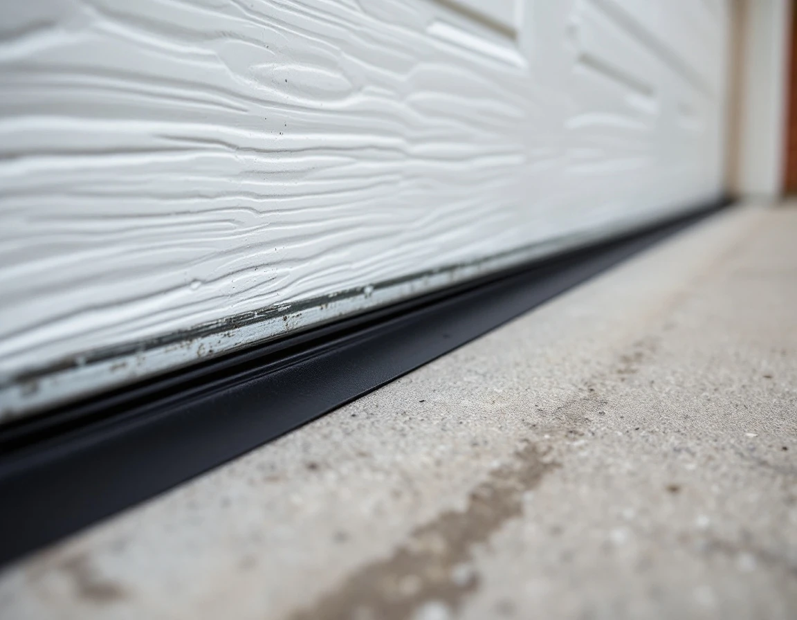 Close-up of garage door weatherstripping seal meeting concrete floor preventing drafts and moisture