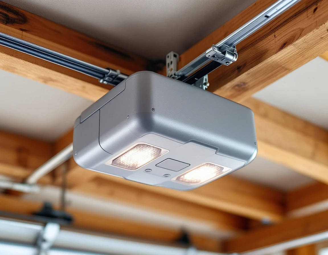 Modern garage door opener mounted on ceiling joist with smartphone connectivity hardware