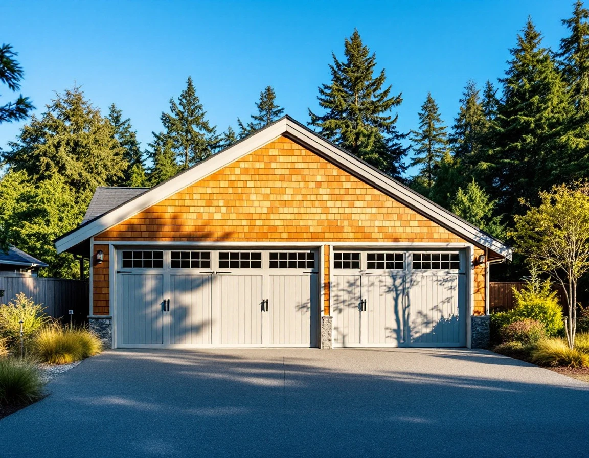 Modern Pacific Northwest garage with metal roof and natural ventilation features on sunny summer day