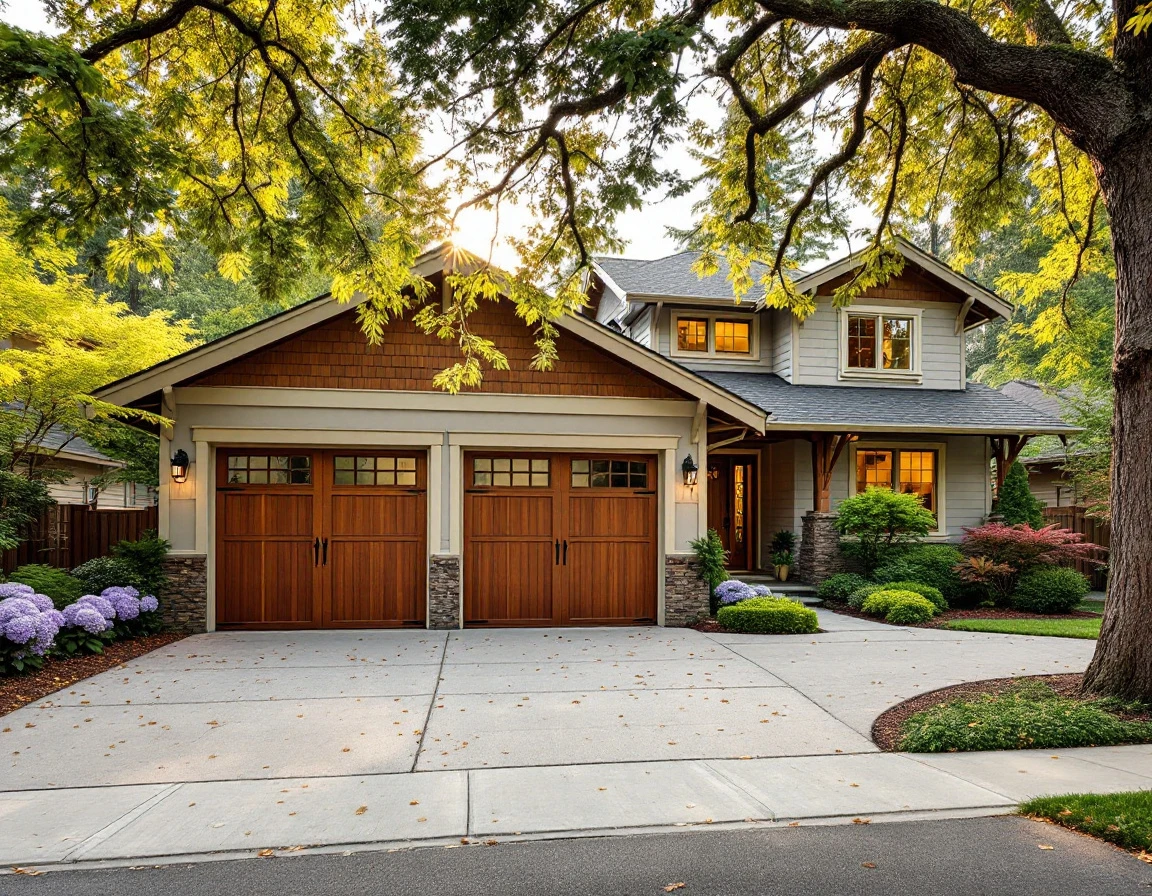 Portland craftsman home with new carriage-style garage door in late summer setting with mature landscaping