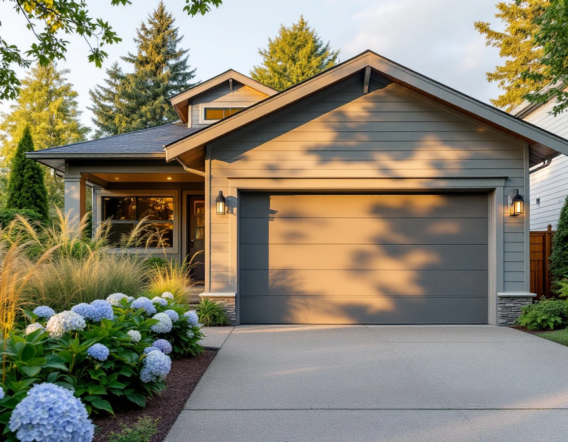 Contemporary garage door on Portland Craftsman home with Pacific Northwest landscaping in late summer