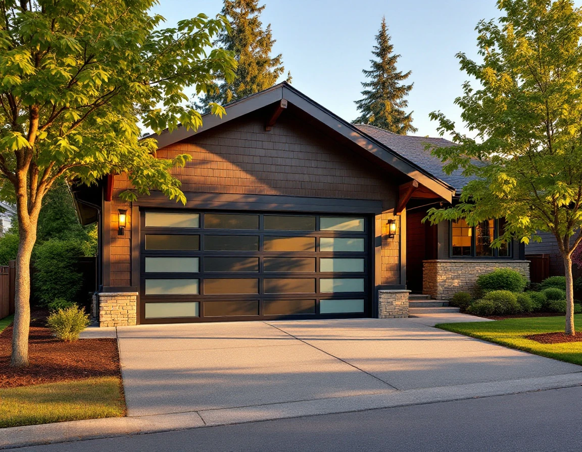 Modern garage door with glass panel inserts on Portland craftsman home at golden hour