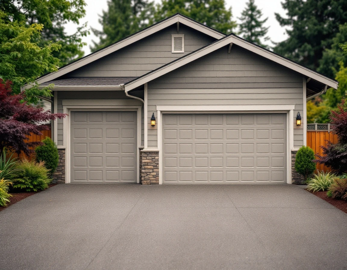 Portland metro craftsman home garage exterior with natural landscaping on overcast summer day