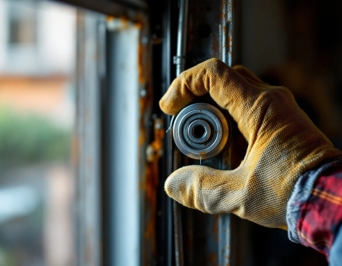 Gloved hand applying lubricant to corroded garage door roller mechanism showing natural wear patterns