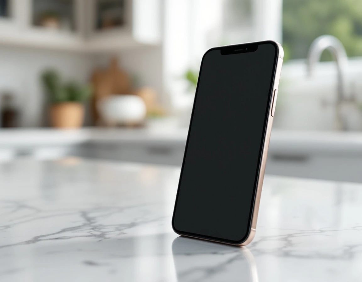 Modern smartphone with dark screen resting on marble countertop near window with natural lighting