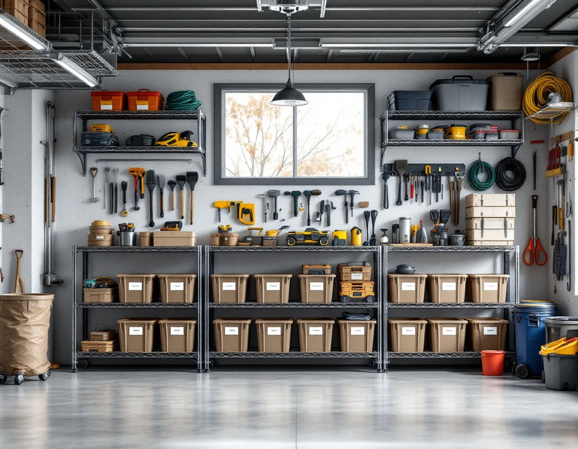 Organized garage storage with seasonal equipment arranged on shelving units for winter preparation