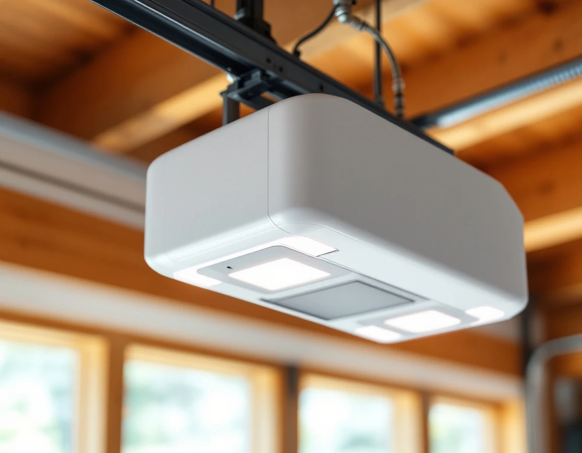 Modern WiFi-enabled smart garage door opener mounted on wooden ceiling beams with LED indicators and metal rail