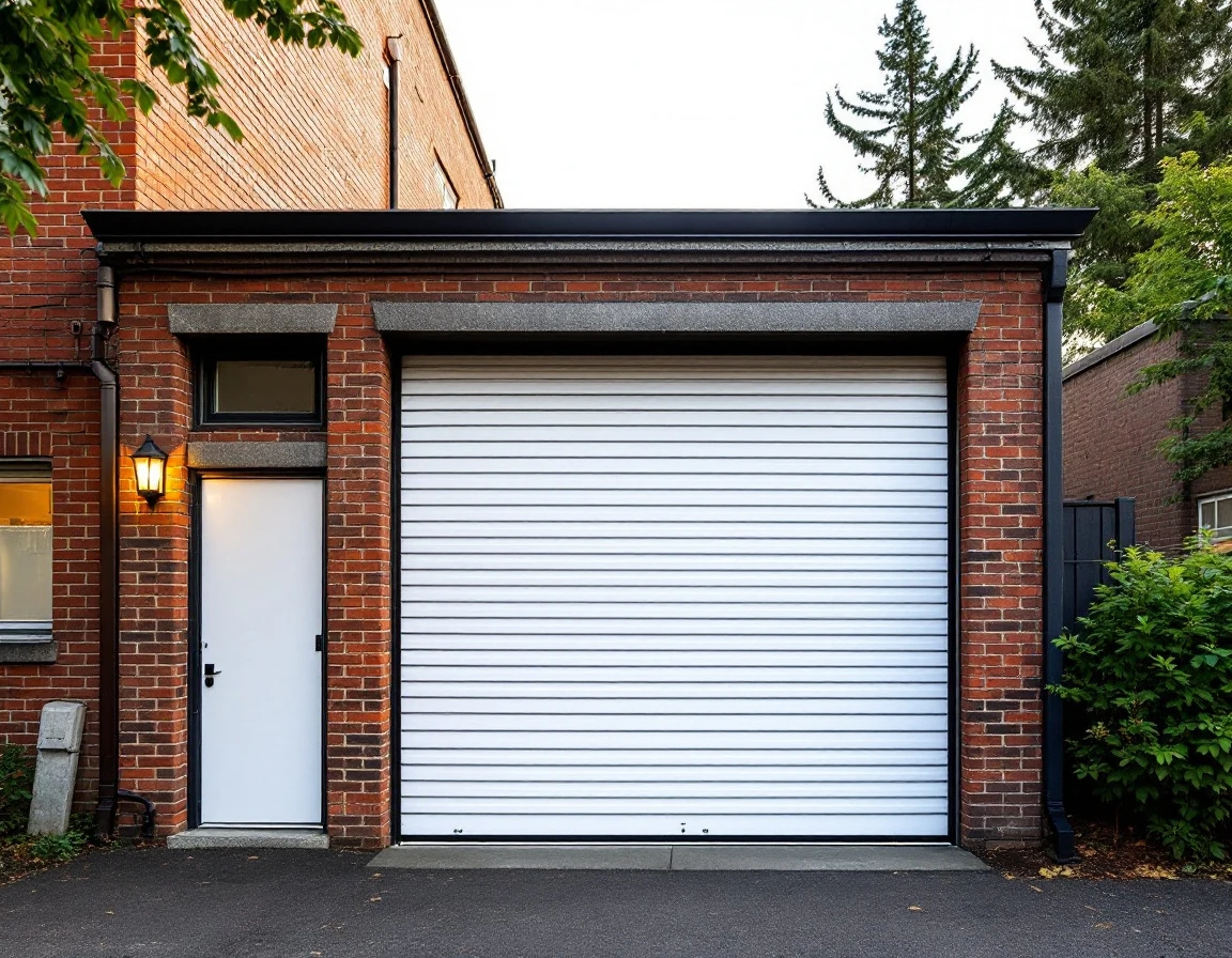Commercial garage door with clean white panels and brick surround in late summer Portland setting