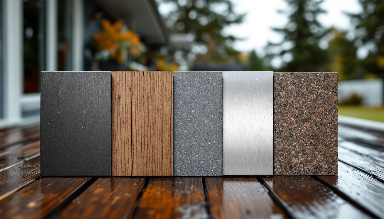 Four garage door material samples showing steel, wood, aluminum, and fiberglass textures in rainy conditions