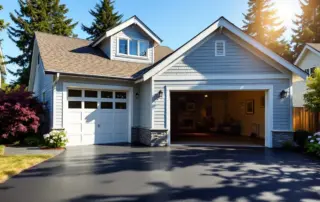 Portland home garage in direct summer sunlight with open door showing cool dark interior