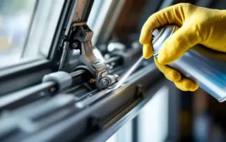 Garage door roller and track being lubricated with spray lubricant for preventive maintenance