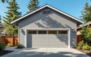 Modern Portland garage with open door showing ventilation fans and louvered vents for summer cooling