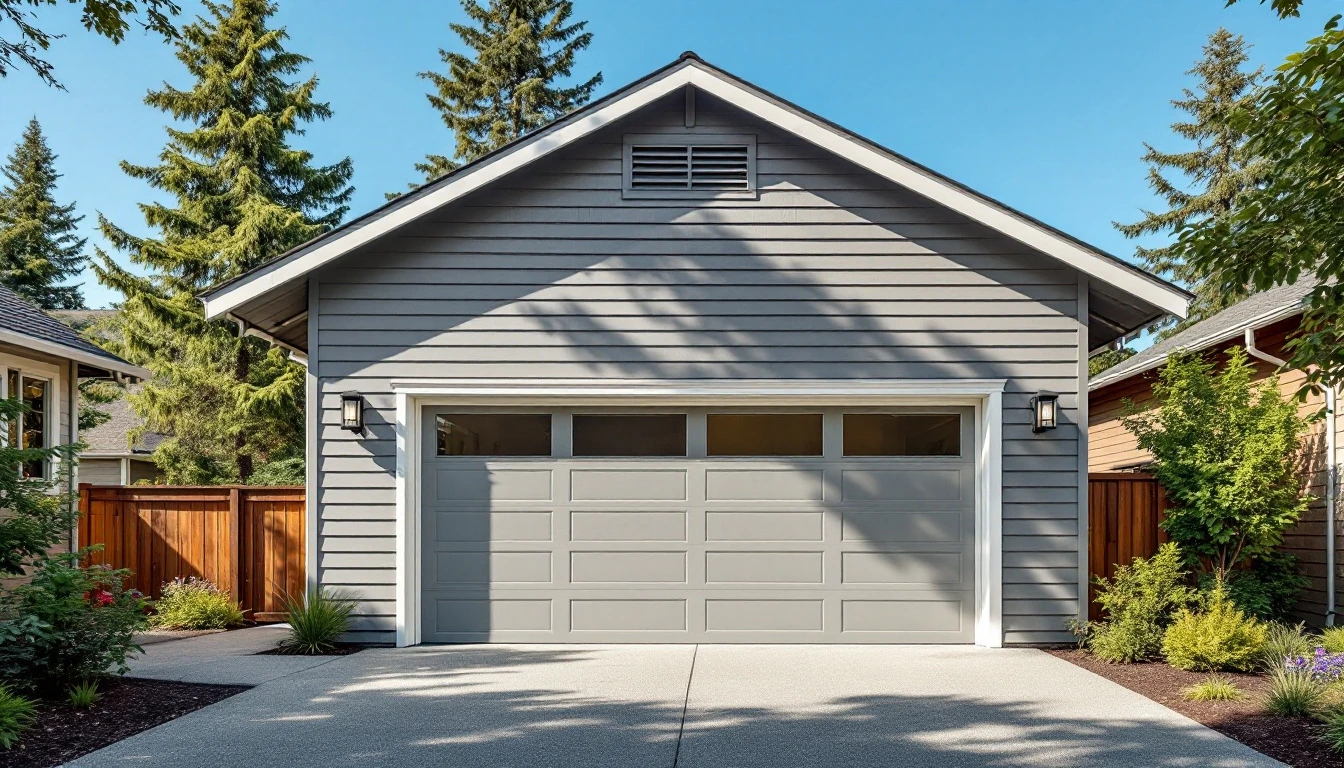 Modern Portland garage with open door showing ventilation fans and louvered vents for summer cooling