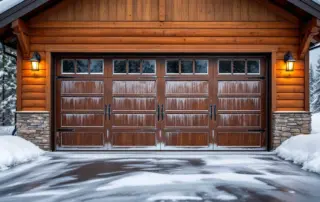 Garage door on Sunriver vacation home covered in frost and snow during Central Oregon winter