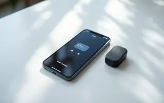Smartphone beside WiFi-enabled smart garage door opener showing wireless connectivity control