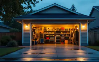 Organized garage with interior lighting visible through partially open door at twilight