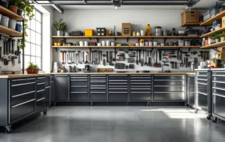 Organized garage interior with pegboard tool storage, metal cabinets, and polished concrete floor