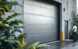 Commercial garage door inspection showing technician examining door track hardware in late summer