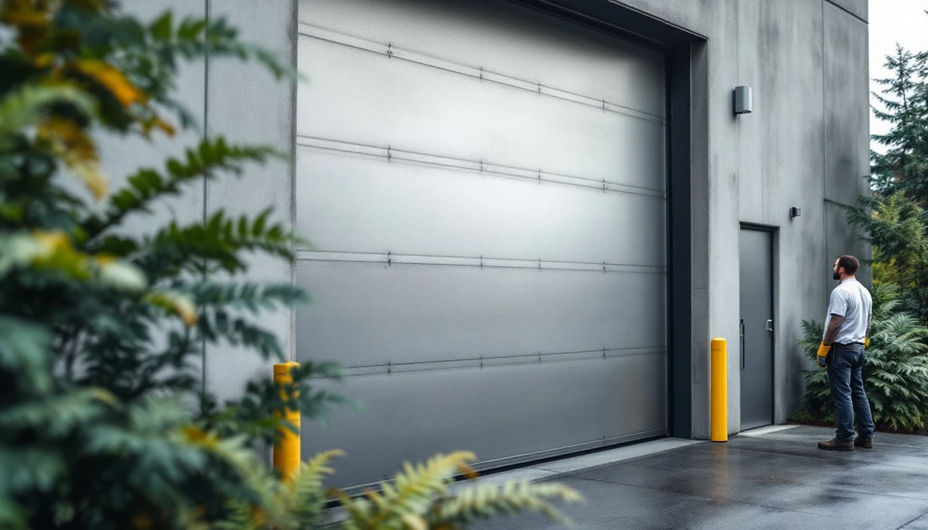 Commercial garage door inspection showing technician examining door track hardware in late summer