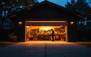 Suburban garage with open door at dusk showing warm interior lighting and organized workspace
