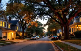 Suburban residential street at dusk with homes and driveways lit by warm evening light