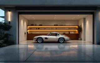Luxury garage interior with classic car and minimal shelving at dusk with natural lighting