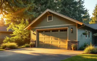 Pacific Northwest garage with open door and ventilation louvers during warm summer afternoon