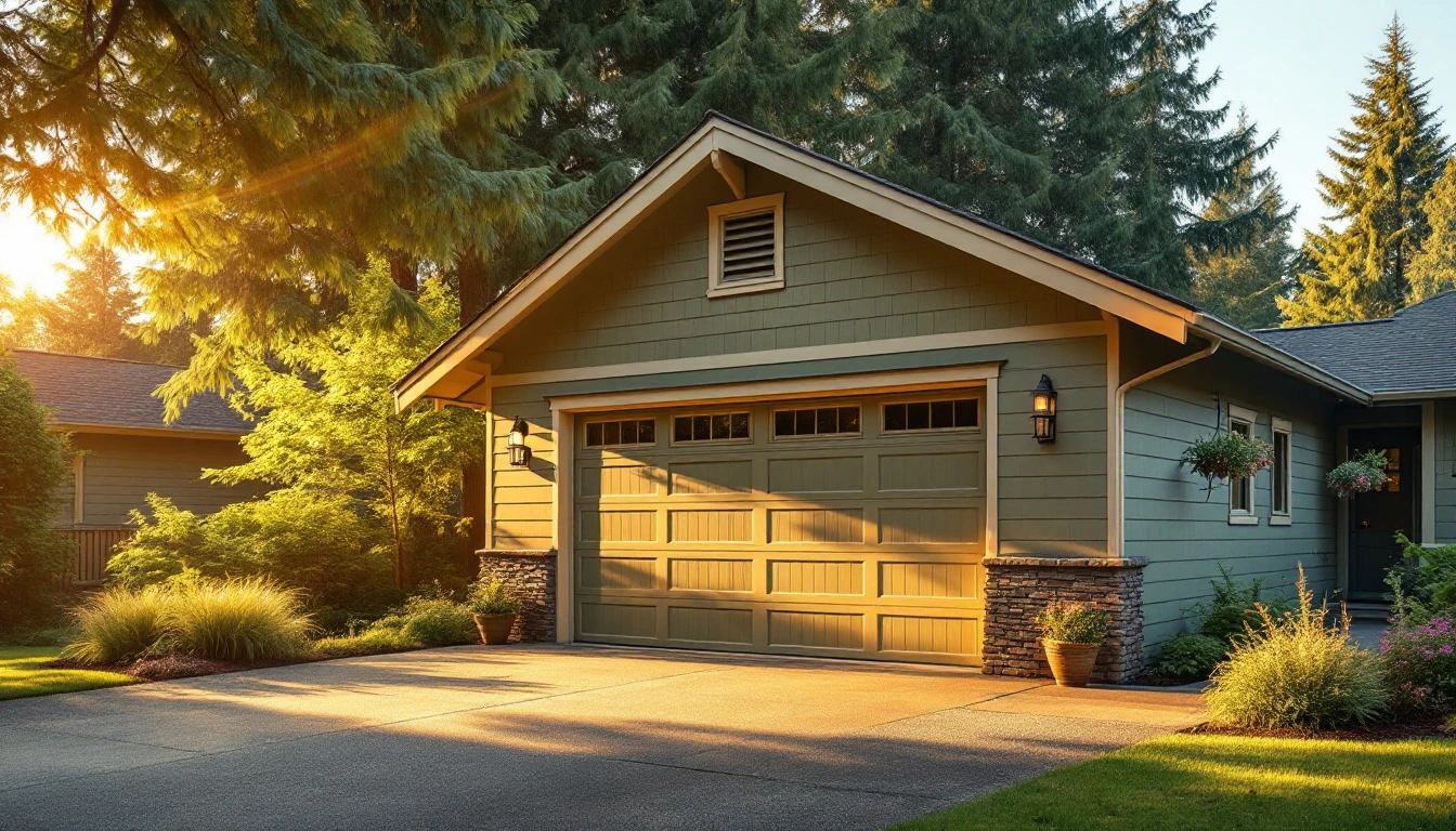 Pacific Northwest garage with open door and ventilation louvers during warm summer afternoon